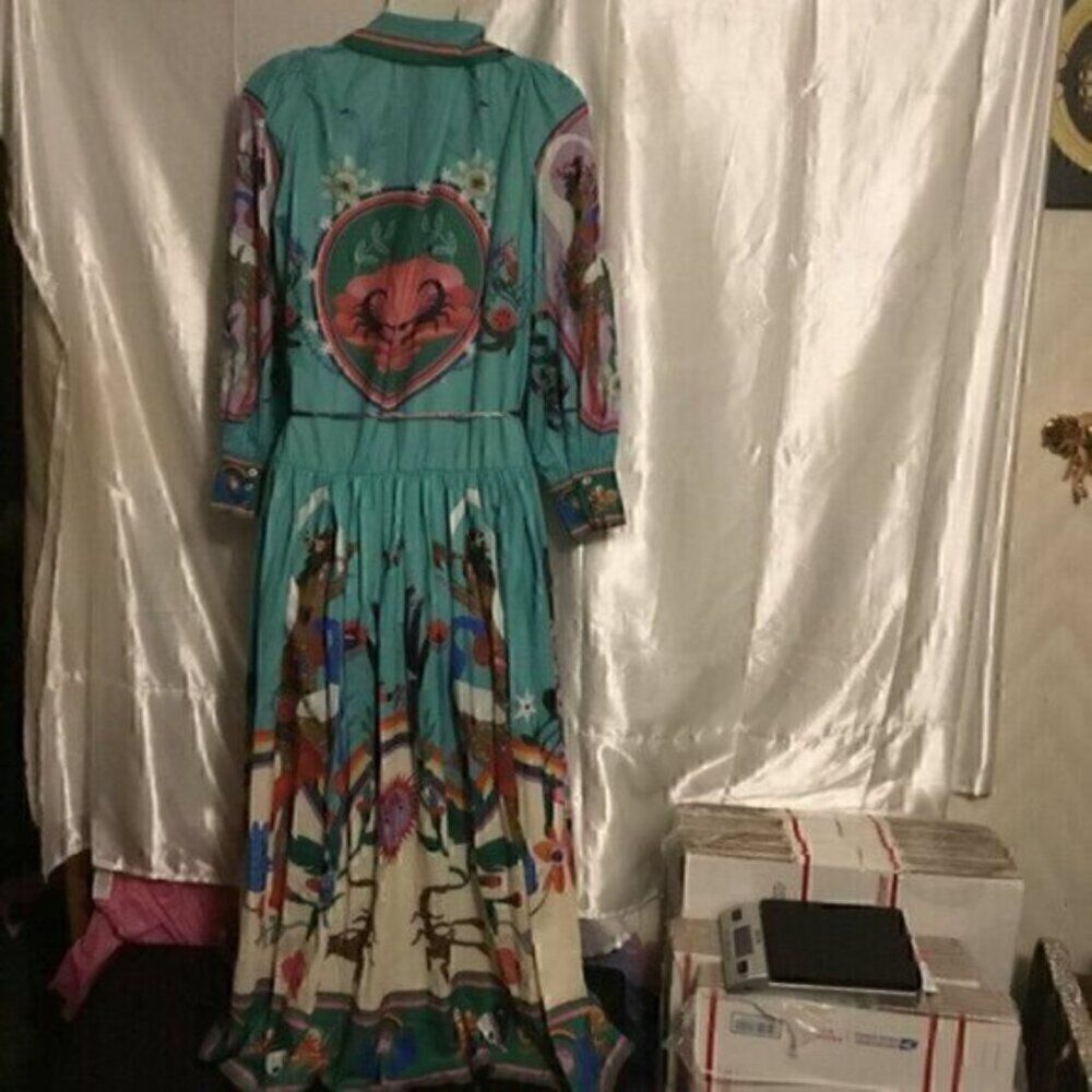 Green Colorful Art Long Balloon Sleeve Collar Button Down Midi Shirt Dress XL - Picture 6 of 16